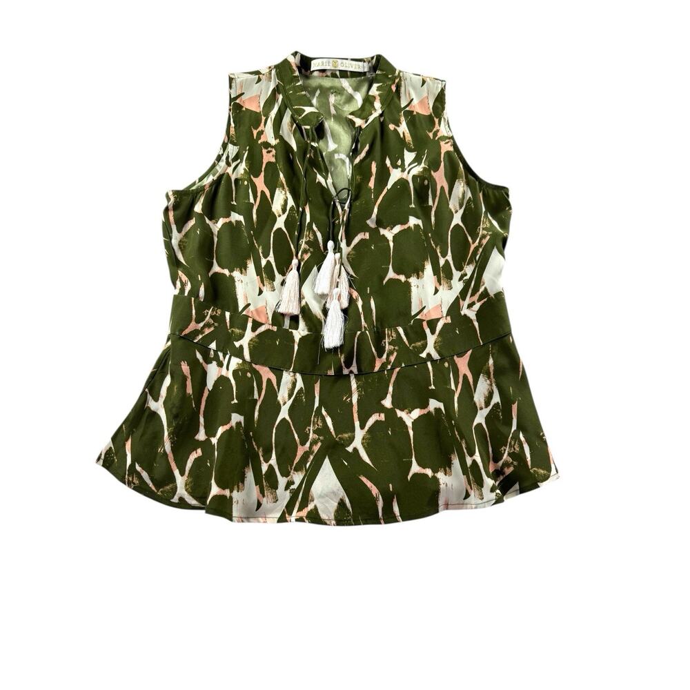 Marie Oliver Lola Blouse M Green Abstract Print Silk Sleeveless Tie Front Top